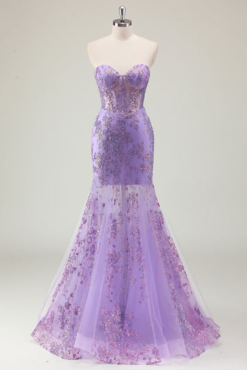 Purple Strapless Sequined Mermaid Corset Prom Dress